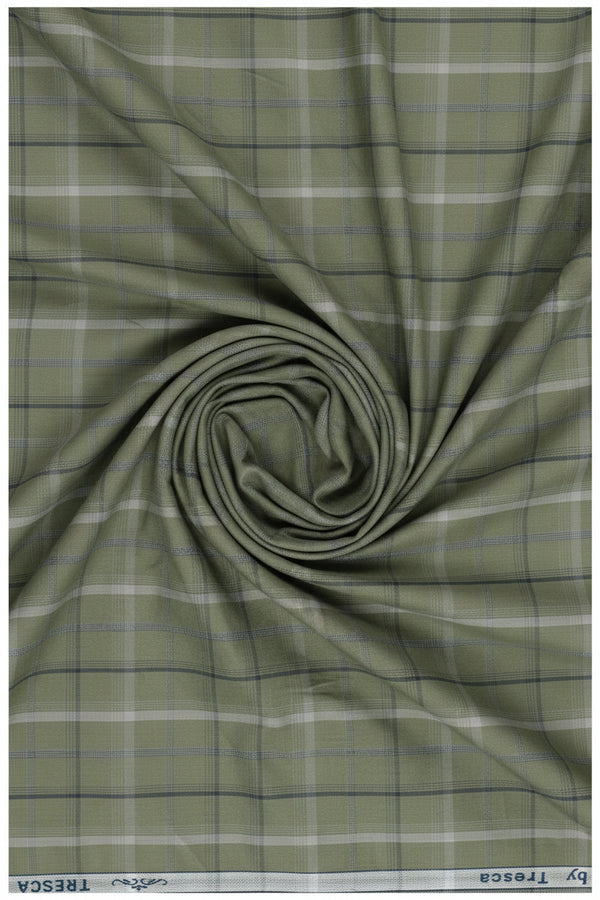 Olive green Arvind Tresca cotton shirt fabric with check pattern, premium quality textile for shirts.