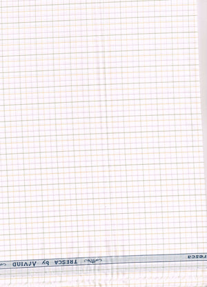 Yellow checkered cotton shirt fabric from Arvind Tresca collection, featuring a white background and premium cotton texture.