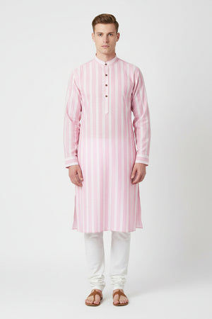 Pink and white striped Arvind Tresca cotton shirting fabric, unstitched material for custom shirts or garments.