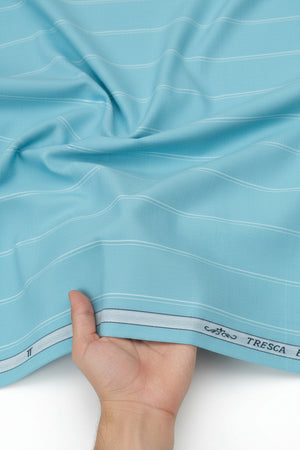 Baby blue striped Arvind Tresca cotton shirt fabric, premium quality textile with a soft, smooth texture and classic pattern.