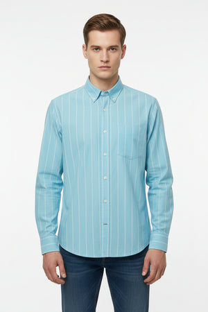 Baby blue Arvind Tresca cotton shirt fabric with striped pattern, showcasing the premium quality and smooth texture.
