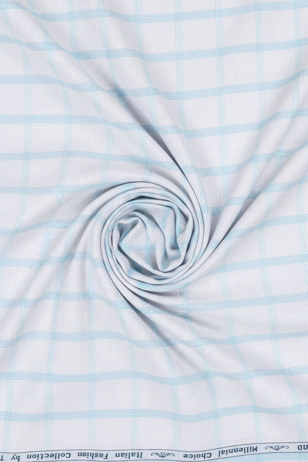 Blue check cotton fabric from Arvind Tresca Shirt collection, featuring a silver background with a premium cotton texture.