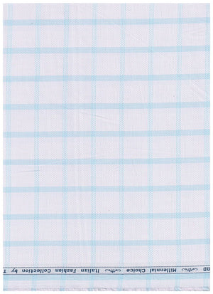 Blue check Arvind Tresca cotton shirt fabric with silver background, showcasing a premium textile design.