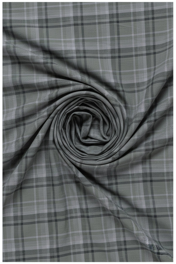 Grey Arvind Tresca shirt fabric with check pattern, premium cotton material, suitable for shirts and tailoring.