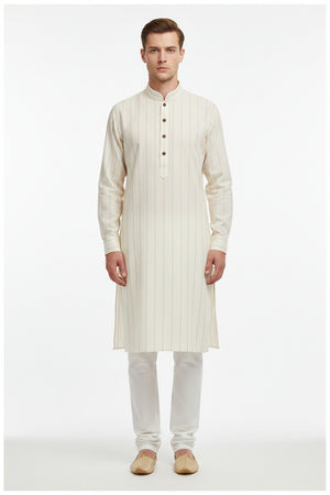 Beige Arvind Tresca cotton striped unstitched shirting fabric, soft and lightweight material for custom shirt making.