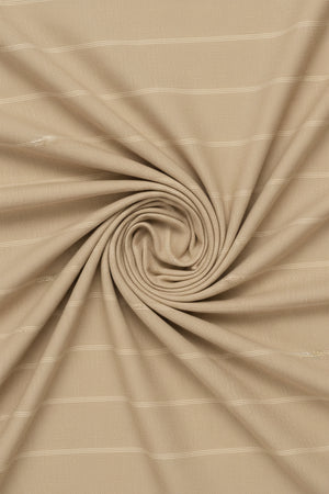 Beige tan striped Arvind Tresca cotton shirt fabric close-up showing smooth texture and premium quality material.