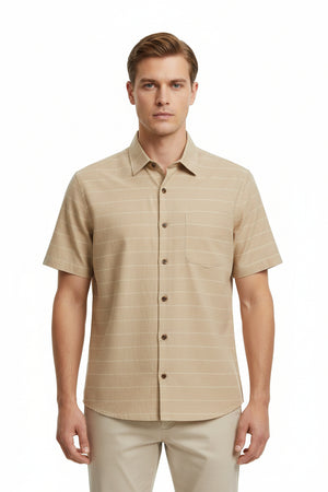 Beige tan Arvind Tresca cotton striped unstitched shirting fabric, detailed close-up of fabric pattern and texture.