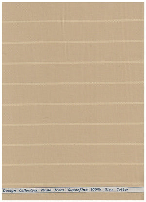 Beige and tan striped Arvind Tresca cotton shirt fabric, premium quality textile with a smooth, woven texture.