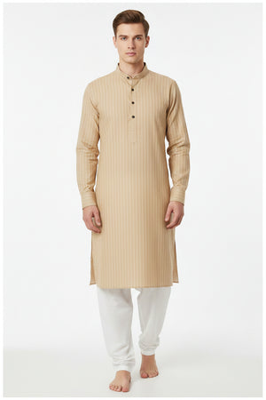 Beige tan Arvind Tresca cotton striped shirting fabric, unstitched material with a soft texture and classic pattern for dressmaking.