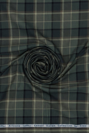 Olive green Arvind Tresca cotton shirt fabric with checkered pattern, unstitched textile for shirt making.