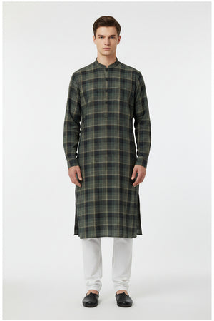 Olive green Arvind Tresca cotton shirt fabric with check pattern, unstitched textile for custom shirts, detailed close-up view.