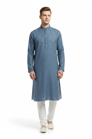 Steel blue Arvind Tresca shirt fabric with check pattern, made of premium cotton, suitable for shirt making.