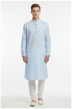 Arvind Tresca cotton striped shirting fabric in baby blue, unstitched fabric for shirts, featuring blue and white stripes.