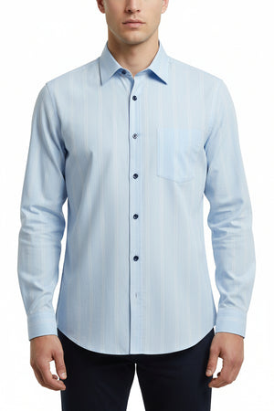 Arvind Tresca cotton striped shirting fabric in baby blue, unstitched fabric with blue and white stripes for sewing or tailoring.