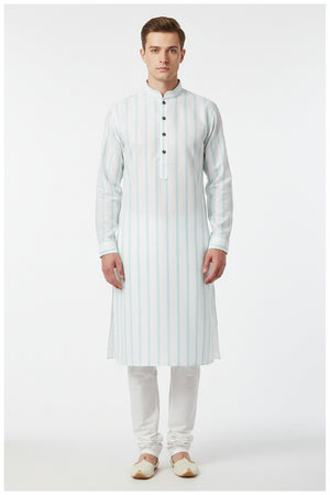 Arvind Tresca cotton striped shirting fabric in silver and turquoise blue, unstitched fabric for shirts and clothing.