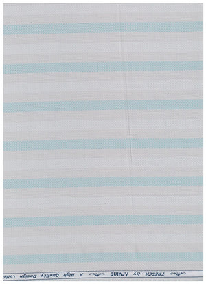 Arvind Tresca shirt fabric, premium cotton with silver and turquoise blue stripes, showcasing the striped textile design.