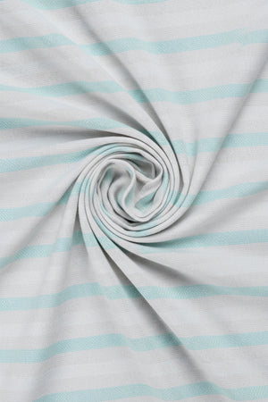Arvind Tresca shirt fabric in premium cotton with silver and turquoise blue stripes, showcasing a close-up of the striped textile.