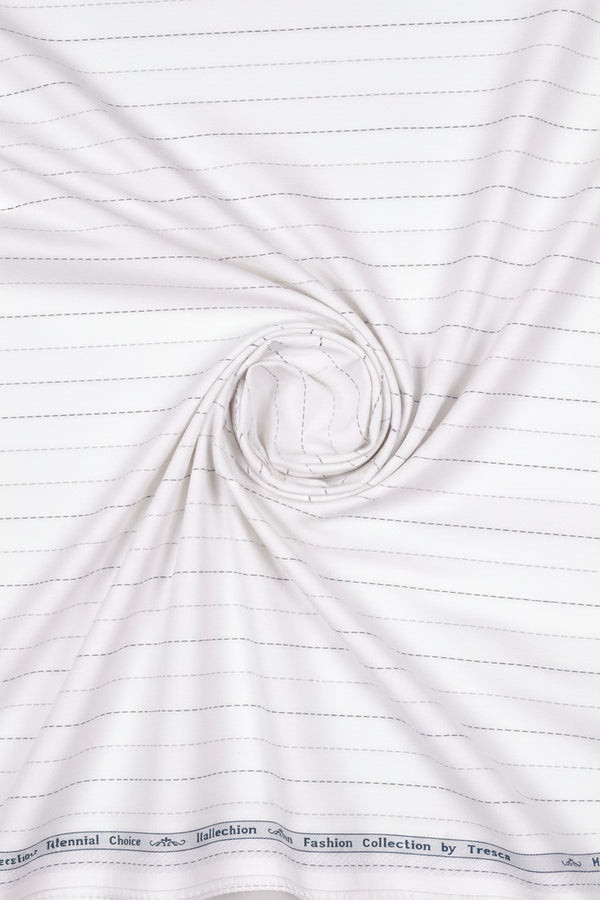 White Arvind Tresca shirt fabric with a striped pattern, made of premium cotton, ideal for tailored shirts.