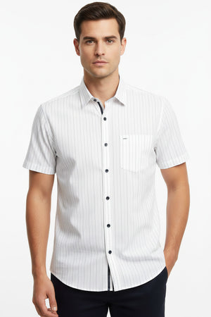 Arvind readymade cotton shirt with black stripe on white background