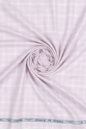 Light purple checks Arvind Tresca cotton shirt fabric, premium quality textile for shirt making.