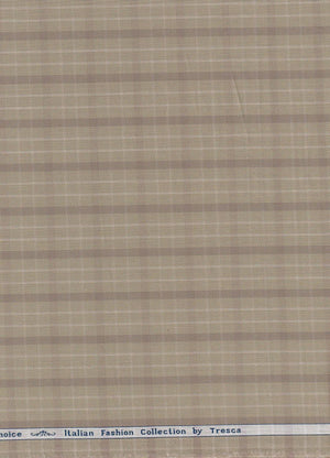 Arvind Tresca cotton shirt fabric with brown check pattern on beige tan background, showcasing premium cotton material.