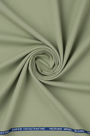 Georgia Gullini of Italy olive green poly wool Super 130’s fabric for trousers and suiting, close-up of textured suit fabric.