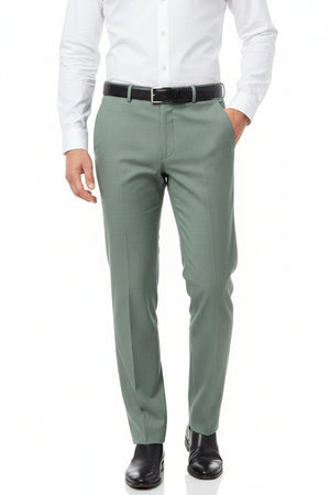Georgia Gullini Italy poly wool Super 100’s trousers and suiting fabric in Laurel Green, showing the textured fabric detail.