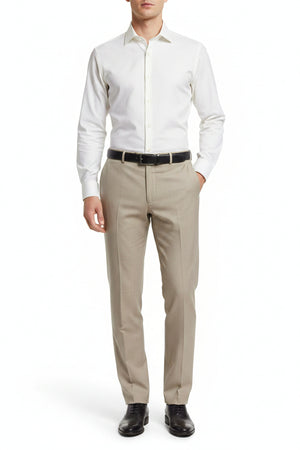Georgia Gullini of Italy khaki poly wool Super 130’s trousers and suiting fabric, close-up of textured fabric and tailored fit