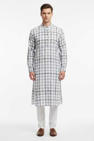 Grey checks on white Arvind Tresca cotton shirting fabric, unstitched material suitable for custom shirts or apparel.