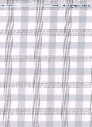 Arvind Tresca cotton unstitched shirting fabric with grey check pattern on white background, suitable for custom shirts.