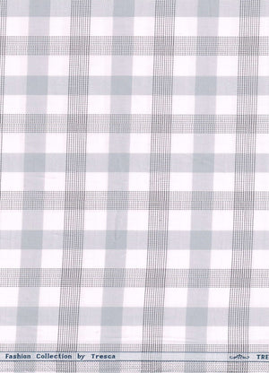 ARVIND Tresca shirt fabric in grey checks on white premium cotton, showcasing a close-up of the textile pattern and fabric texture.
