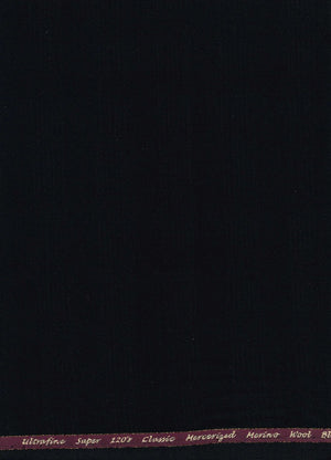 Black Georgia Gullini of Italy Super 120’s polywool suit fabric swatch showing smooth woven texture and fine tailoring details.