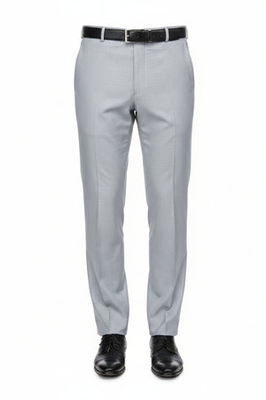 Gray Georgia Gullini of Italy Polywool Super 120’s fabric for trousers and suiting, showing a close-up of the textured woven material.