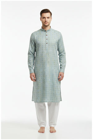 Green multicolor Arvind Tresca shirt fabric made of Giza cotton, showcasing intricate woven patterns and vibrant design details.