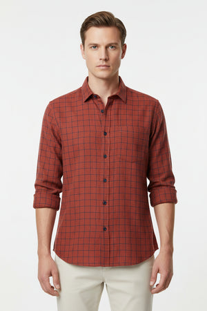 Red Arvind linen shirt fabric with premium check pattern, showcasing soft, high-quality linen material and detailed textile design.