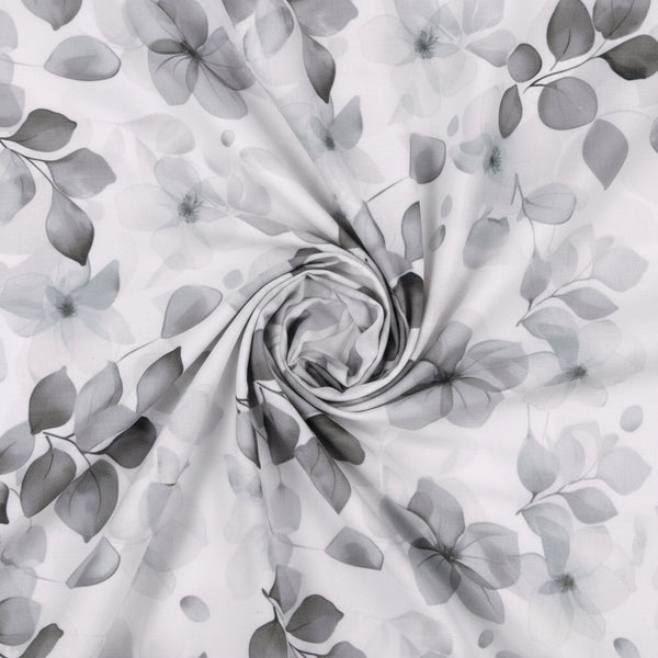Gray and white Arvind Tresca Giza cotton shirt fabric with digital print, showcasing intricate design and soft texture.