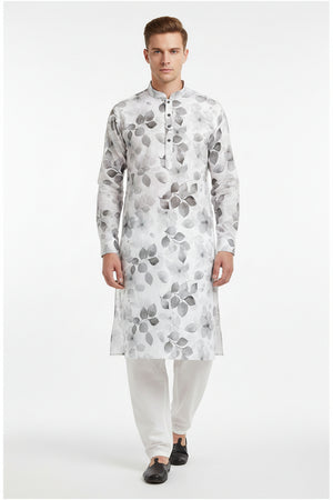 Arvind Tresca Giza cotton shirt fabric with digital grey and white print, showcasing soft, high-quality textile design.