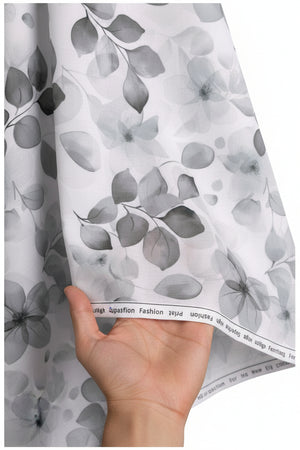 Arvind Tresca Giza Cotton digital print shirt fabric in grey and white with intricate pattern and soft texture.