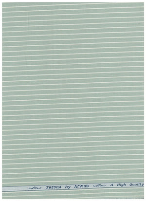 Pista green stripe Arvind Tresca Giza cotton shirt fabric, close-up view showing smooth texture and fabric pattern.