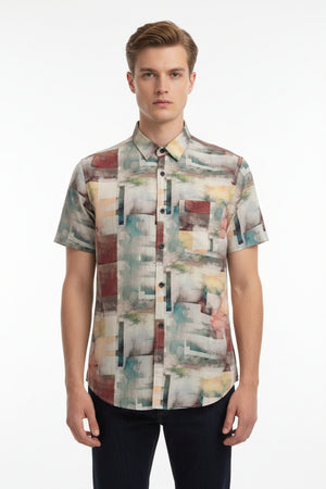 Multicolor Arvind Tresca Giza Cotton fabric with digital print, soft and breathable textile for shirt making.