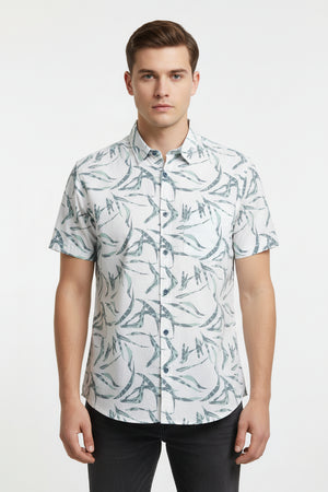 White multicolor digital print Arvind Tresca Giza cotton shirt fabric with intricate patterns and vibrant design details.
