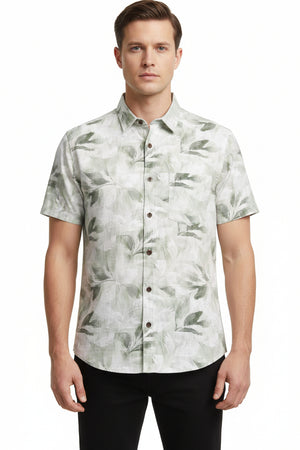Green Arvind Tresca shirt fabric made from Giza cotton with digital print pattern, showcasing a vibrant and detailed textile design.
