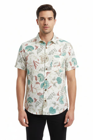 White multicolor digital print Arvind Tresca Giza cotton shirt fabric with intricate patterns, ideal for stylish shirt designs.