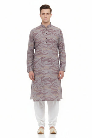 Brown Arvind Tresca Giza cotton shirt fabric with digital print, showcasing intricate pattern and smooth texture.