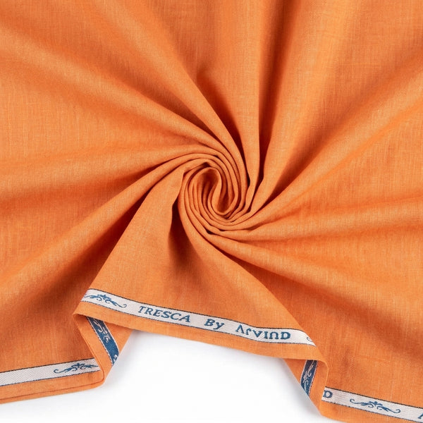 Orange Arvind Tresca Giza Cotton shirting fabric with a subtle swirl pattern, ideal for stylish men's shirts.