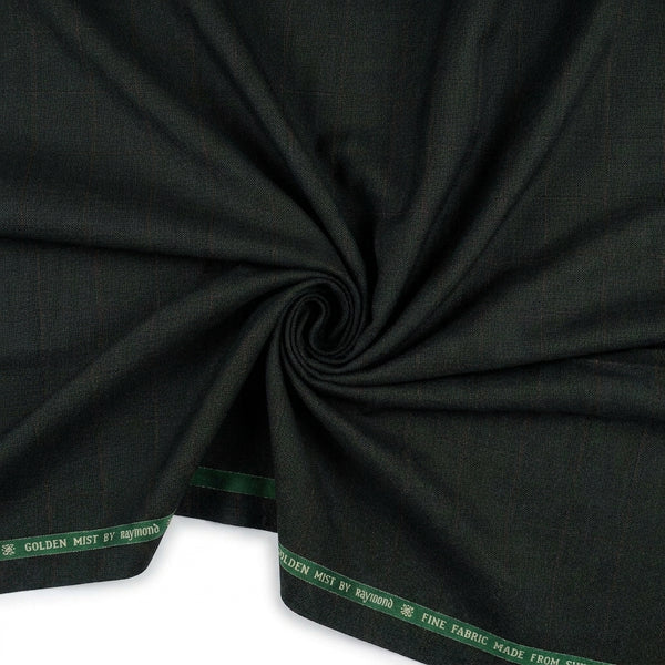 Green poly wool fabric for trousers by Raymond, unstitched material with a smooth, swirl pattern design.