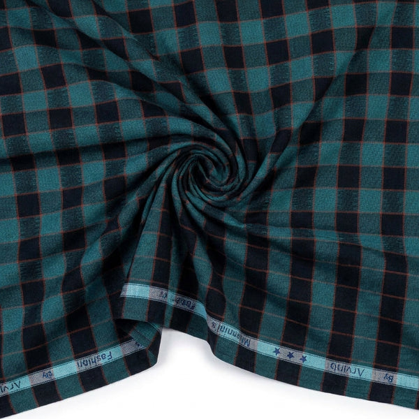 Black check cotton shirting fabric by ARVIND Millennial's Fashion, with a detailed woven check pattern.