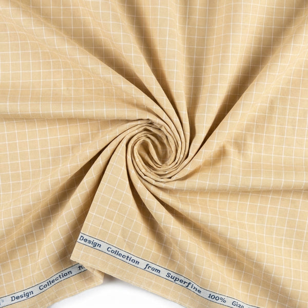 Sand yellow Arvind Tresca cotton shirt fabric with check pattern, suitable for making stylish shirts or garments.