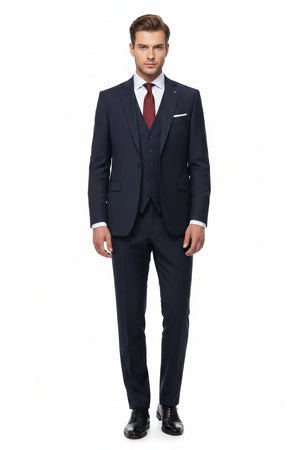 Mafatlal unstitched poly wool trouser and suiting fabric in dark slate blue, suitable for making custom suits and trousers.