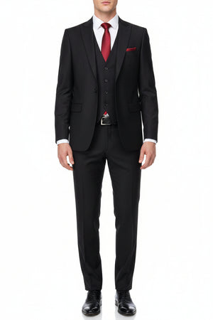Black Mafatlal Polyviscose trouser and suiting fabric, close-up of smooth woven textile with subtle sheen and fine texture.